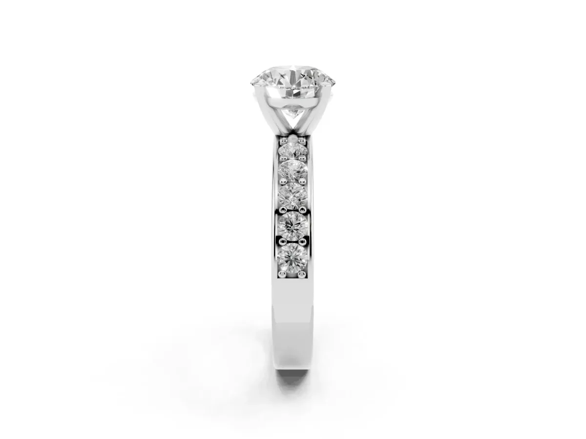 Round Cut Diamond Engagement Ring with Channel Set Round Band and Prong Setting Silver