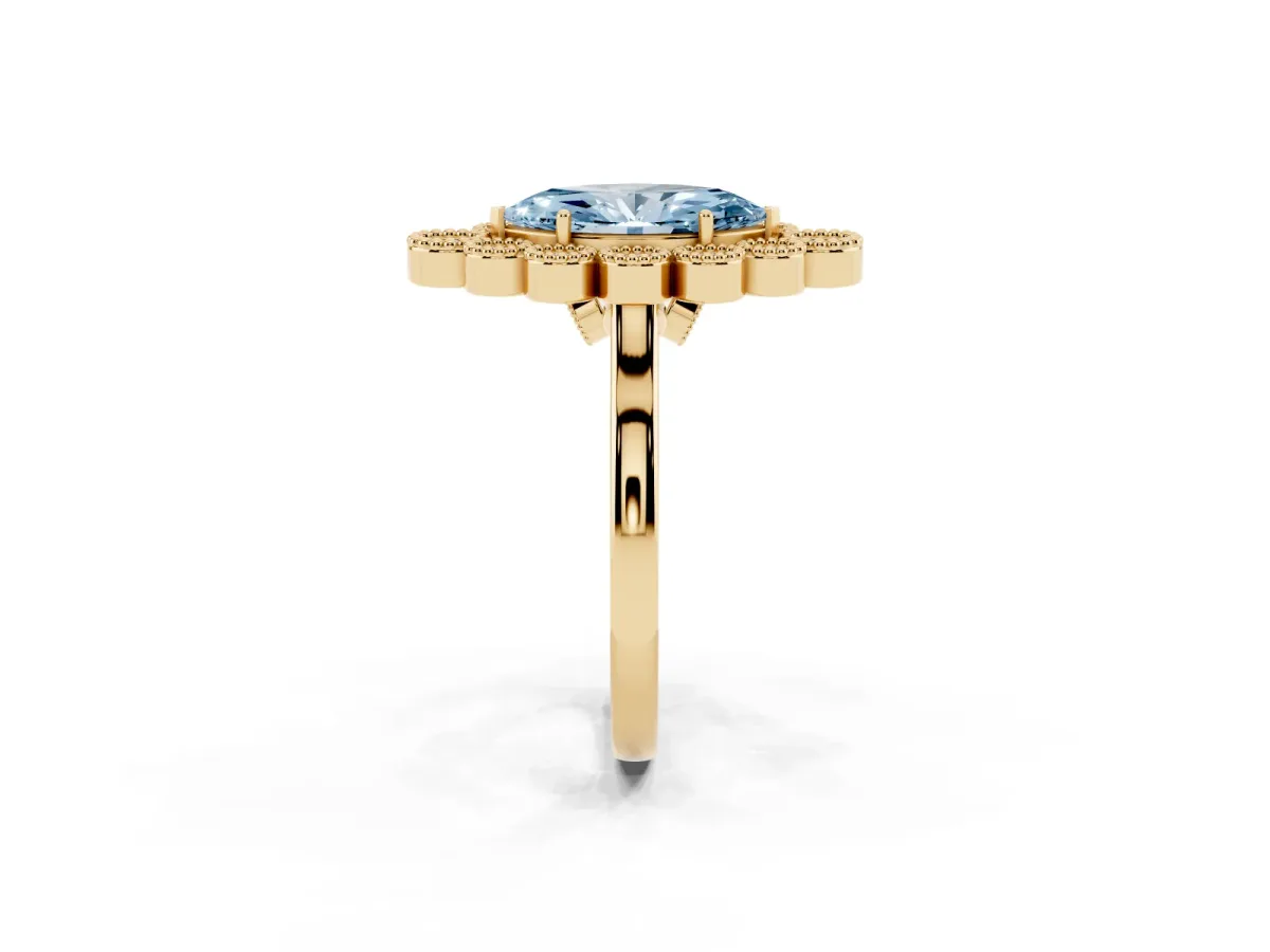 Fancy Blue Marquise Cut Halo Diamond Cluster Engagement Ring with Milgrain Bezel Setting and Solitaire Band Yellow gold