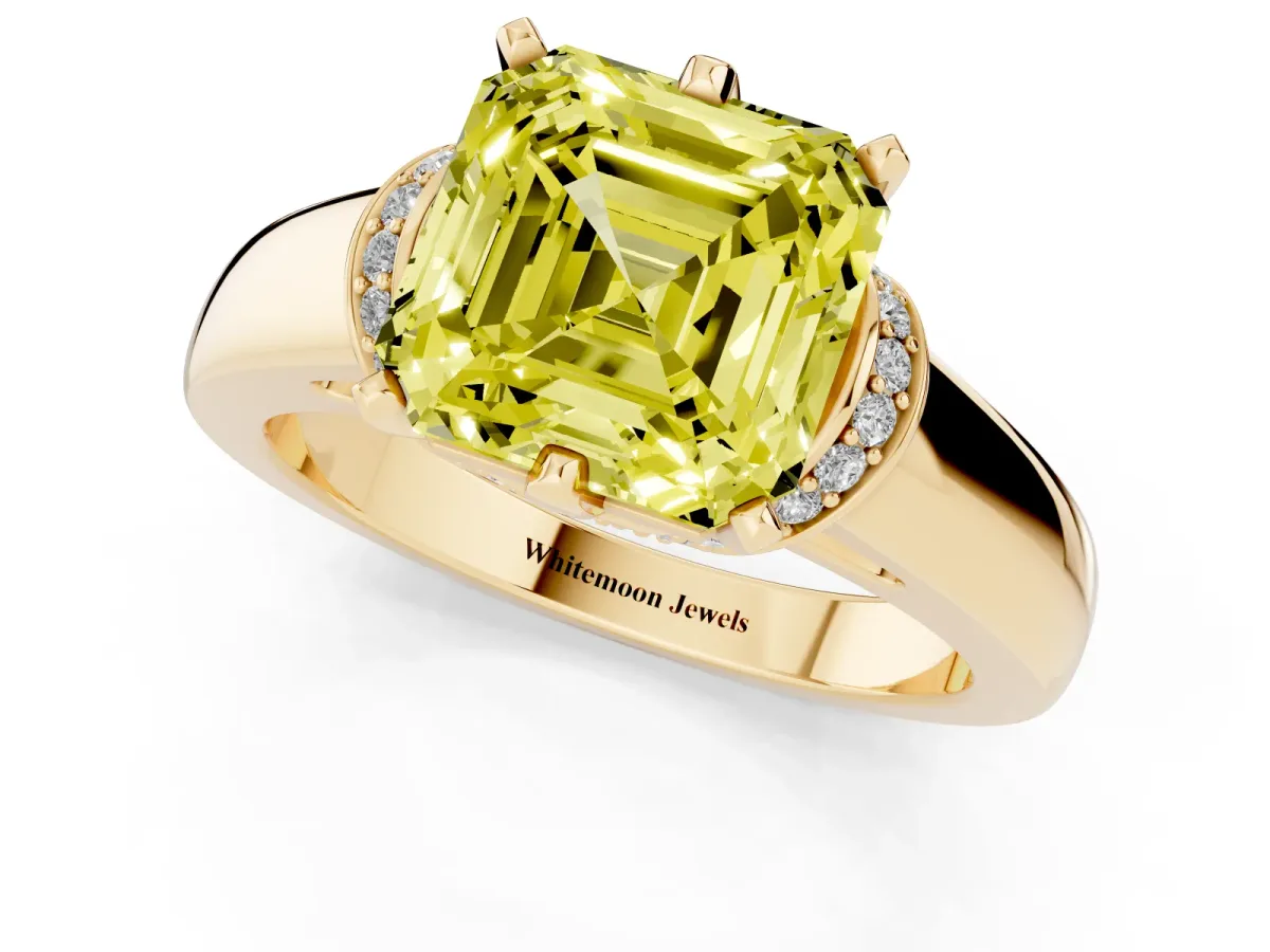 Fancy Yellow Asscher Cut Solitaire Diamond Ring with Pave Band and Six-Prong Setting Yellow gold