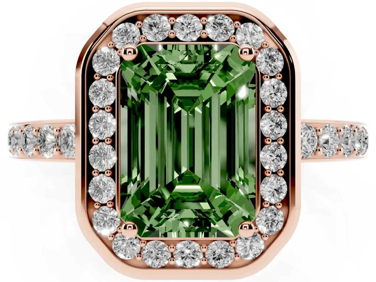 Fancy Green Emerald Cut Diamond Halo Ring with Bezel Frame and Pavé Band Rose gold