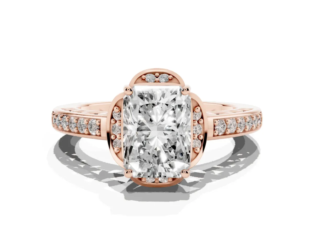 Radiant Cut Cut Halo Diamond Ring with Channel Set Band and Four-Prong Setting Rose gold
