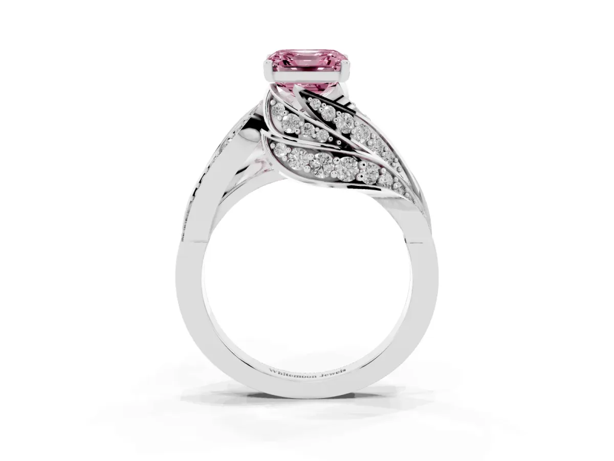 Fancy Pink Asscher Cut Diamond Solitaire Ring with Prong Setting and Twisted Pavé Band Silver