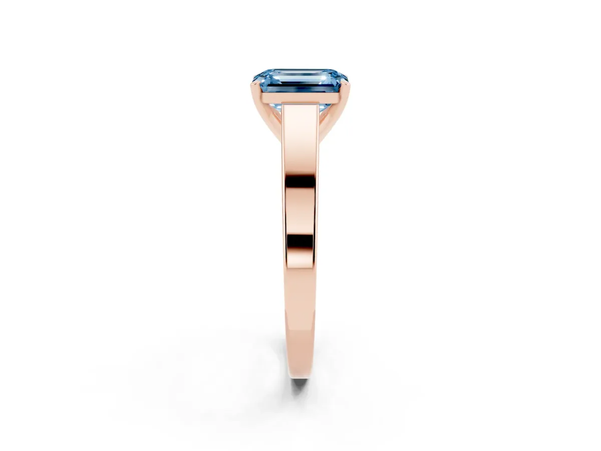 Fancy Blue Emerald Cut Solitaire Engagement Ring with Four-Prong Setting and Tapered Band Rose gold