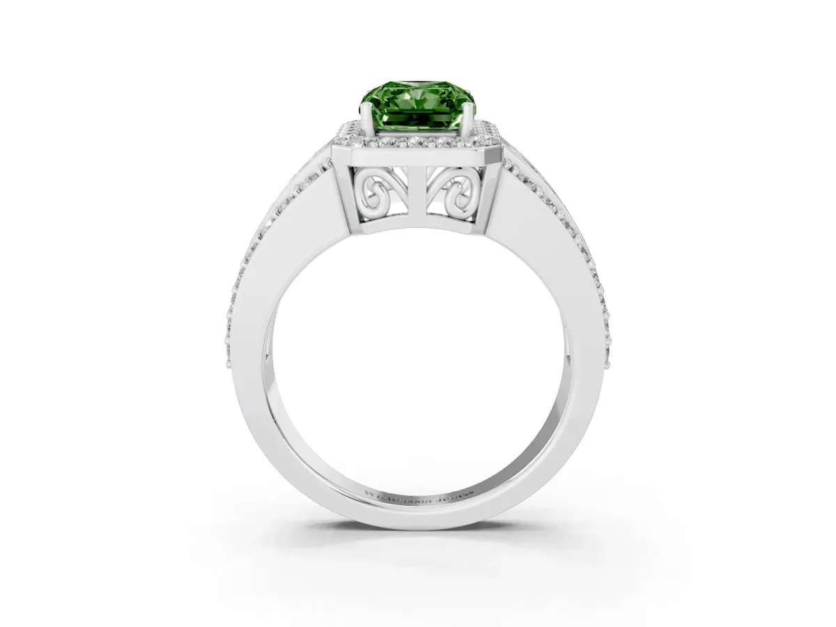 Fancy Green Radiant Cut Halo Diamond Ring with Round Split Shank and Prong Setting Platinum