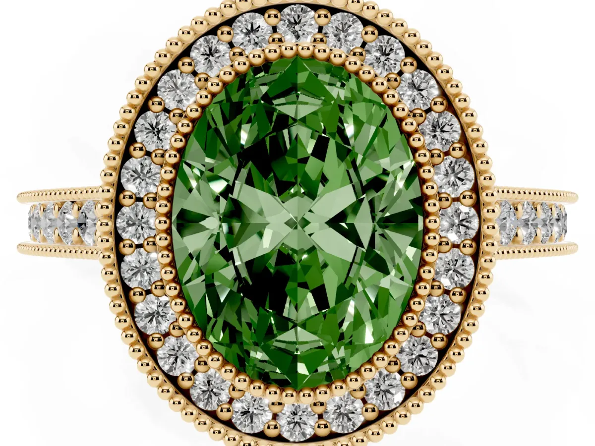 Fancy Green Halo Oval Cut-Cut Diamond Pave Band Milgrain Prong Setting Ring Yellow gold