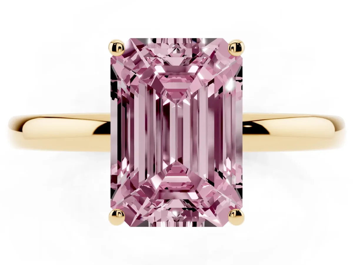 Fancy Pink Emerald Cut Solitaire Diamond Ring with Prong Setting and Plain Band Yellow gold