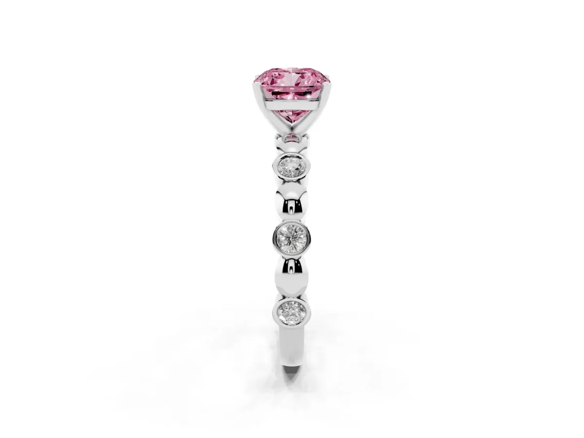 Fancy Pink Cushion Cut Solitaire Bezel-Set Diamond Ring with Beaded Band and Four-Prong Setting Silver