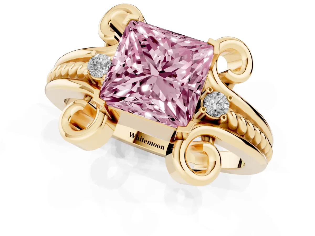 Fancy Pink Princess Cut Solitaire Twisted Band Scroll Prong Ring Yellow gold