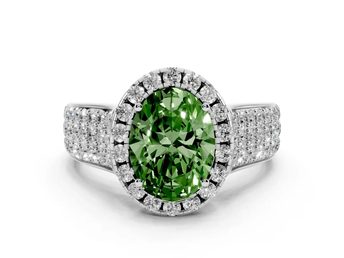Fancy Green Oval Cut Halo Round Diamond Pave Band with Prong Setting Silver