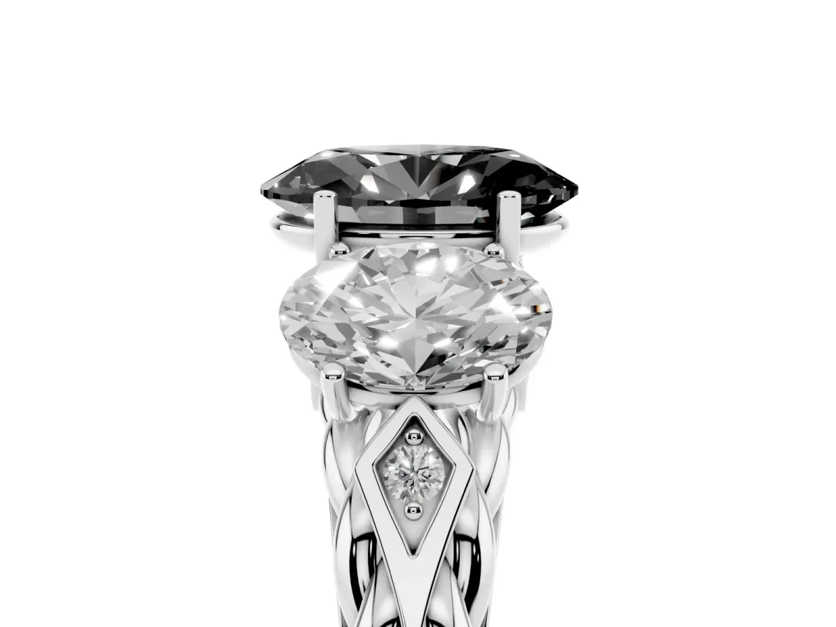 Fancy Black Three-Stone Oval Cut Diamond Braided Band Ring with Four-Prong Setting Silver