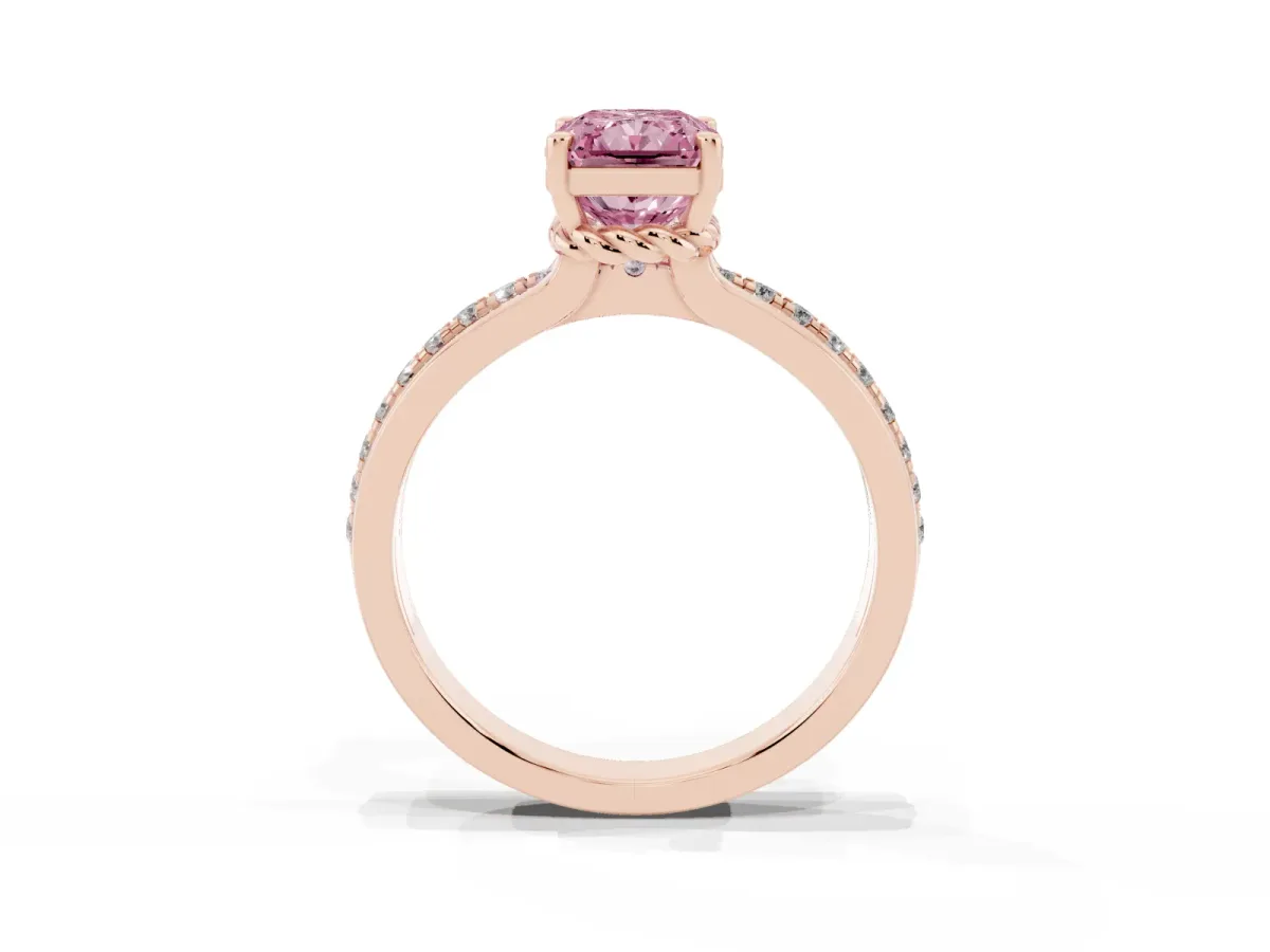 Fancy Pink Radiant Cut Solitaire Diamond Ring with Channel Set Band and Six-Prong Setting Rose gold