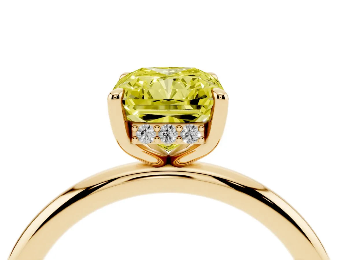 Fancy Yellow Radiant Cut Diamond Solitaire Ring with Thin Band and Four-Prong Setting Yellow gold