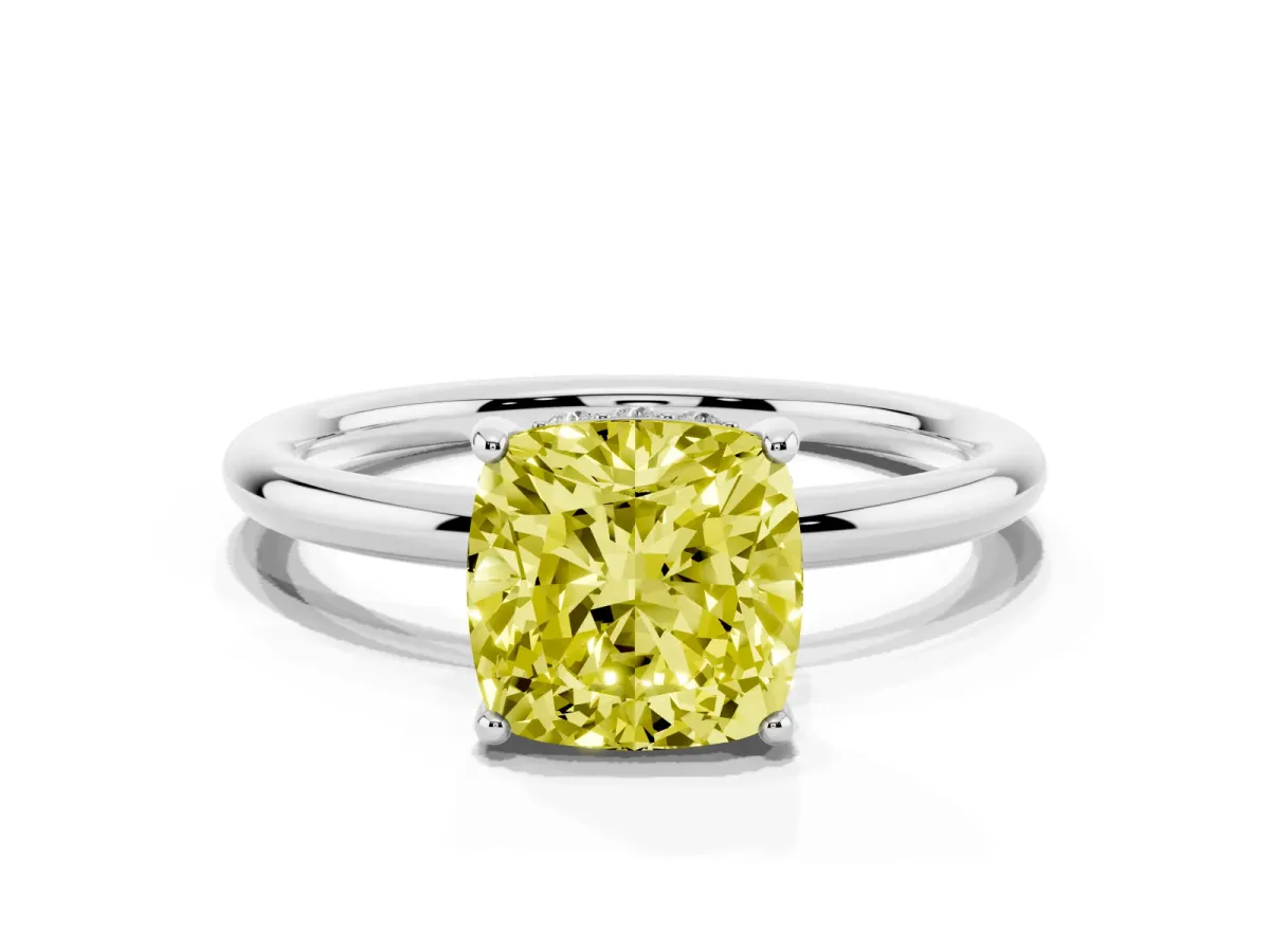 Fancy Yellow Cushion Cut Solitaire Diamond Ring with a Classic Band and Four-Prong Setting Silver