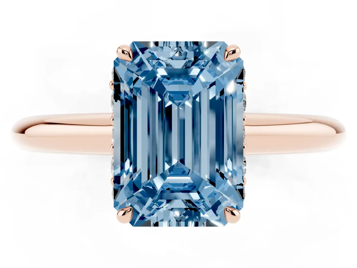 Fancy Blue Emerald Cut Brilliant Solitaire Engagement Ring with Six-Prong Setting and Classic Band Rose gold