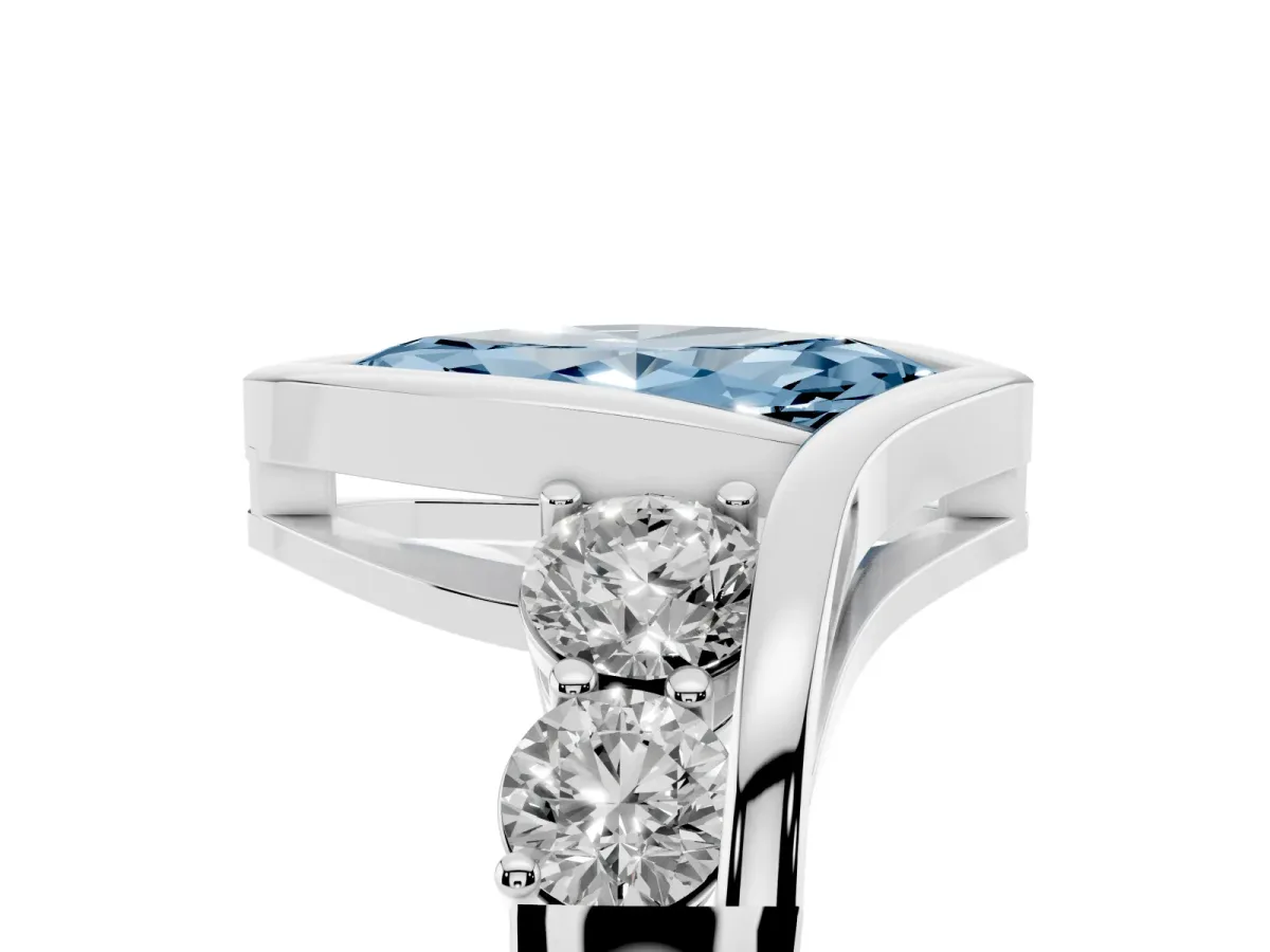 Fancy Blue Bezel Set Marquise Cut Diamond Bypass Ring with Round Accents Silver