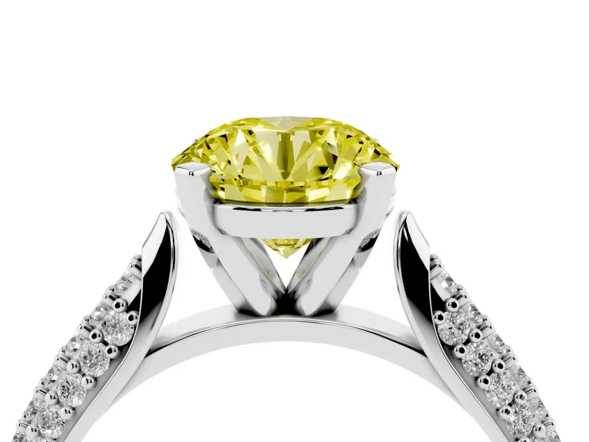 Fancy Yellow Round Cut Diamond Solitaire Engagement Ring with Multi-Row Round Pavé Band and Prong Setting White gold