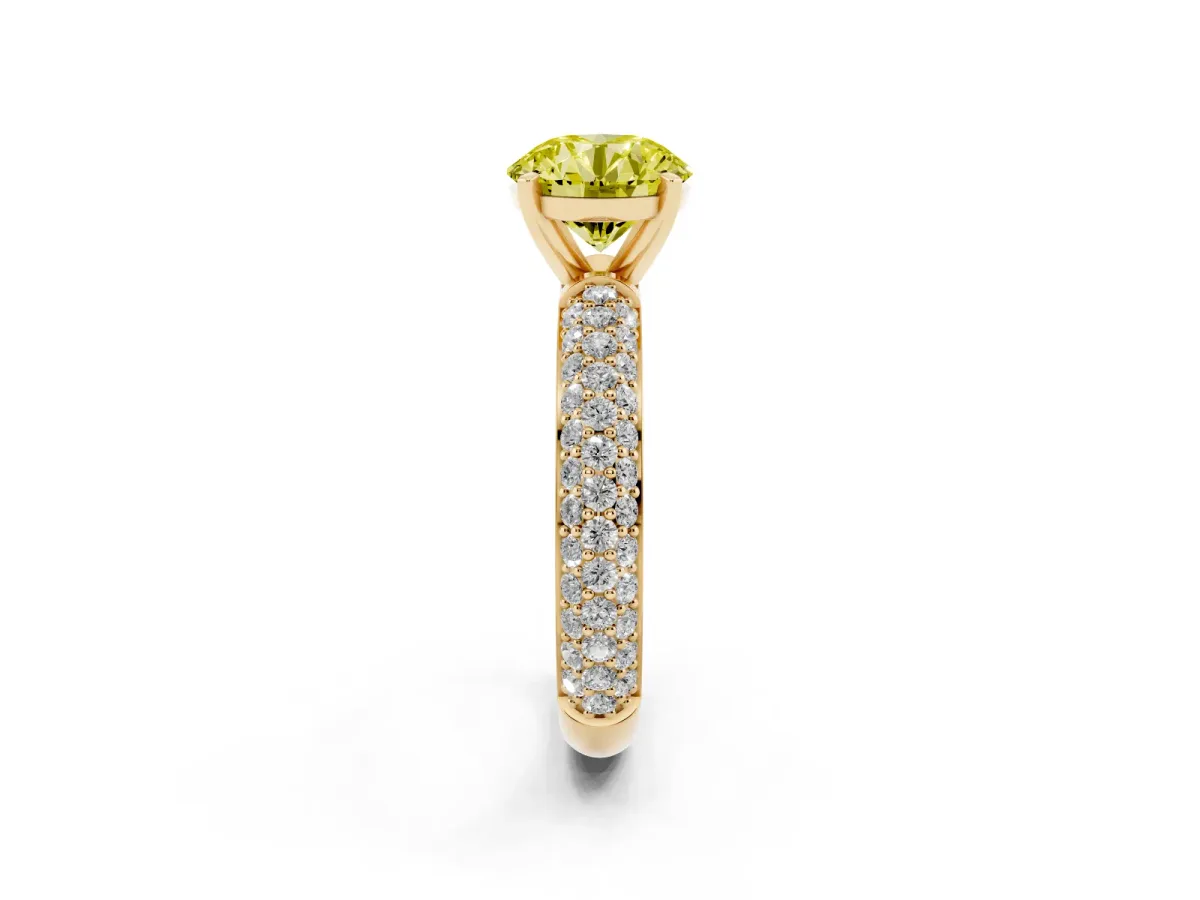 Fancy Yellow Round Cut Diamond Solitaire Ring with Prong Setting and Pavé Band Yellow gold