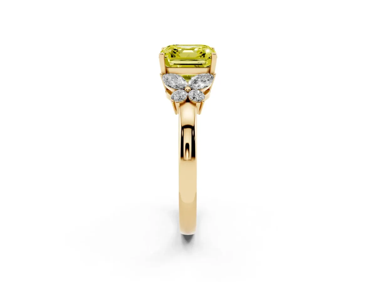 Fancy Yellow Asscher Cut Cut Solitaire Floral Diamond Ring with Four-Prong Setting Yellow gold