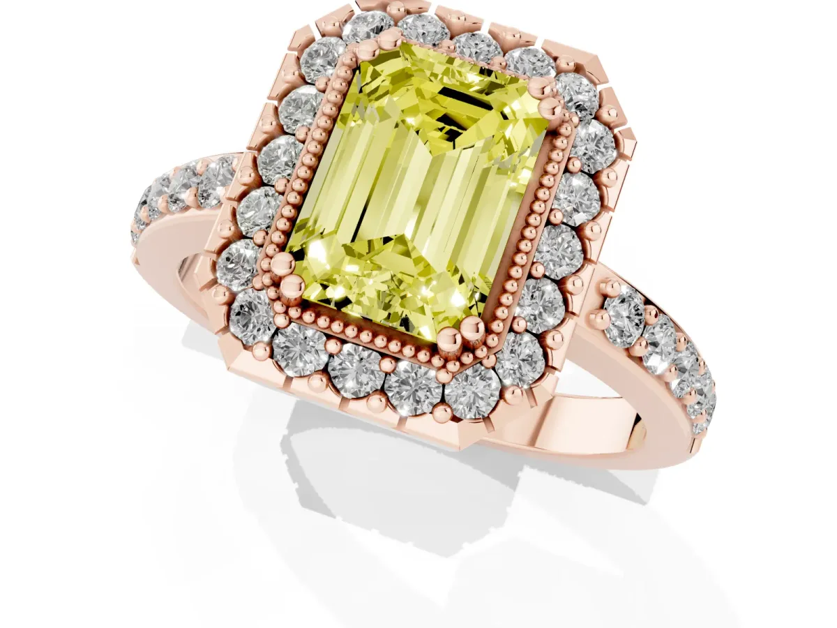 Fancy Yellow Emerald Cut Diamond Halo Ring with Pavé Band and Prong Setting Rose gold