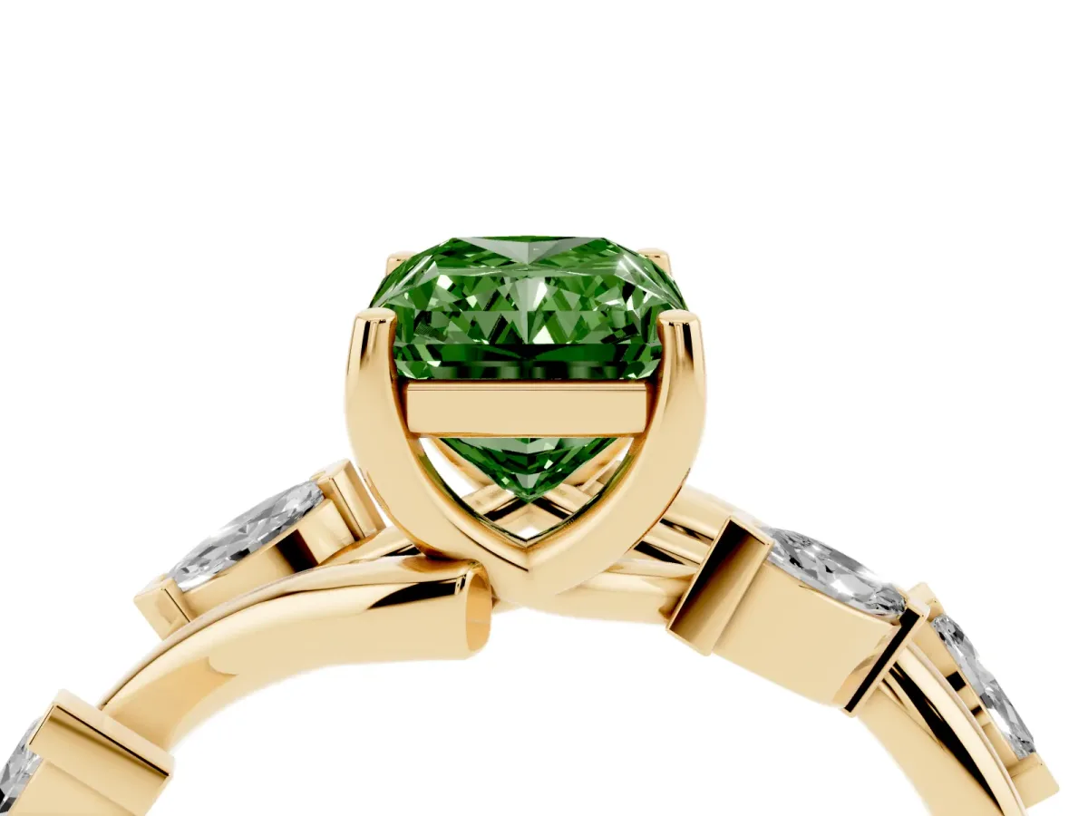 Fancy Green Radiant Cut Solitaire Twisted Band Marquise Accent Prong Setting Ring Yellow gold