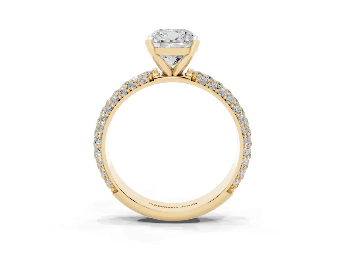 Cushion Cut Diamond Solitaire Ring with Prong Setting and Pavé Band Yellow gold