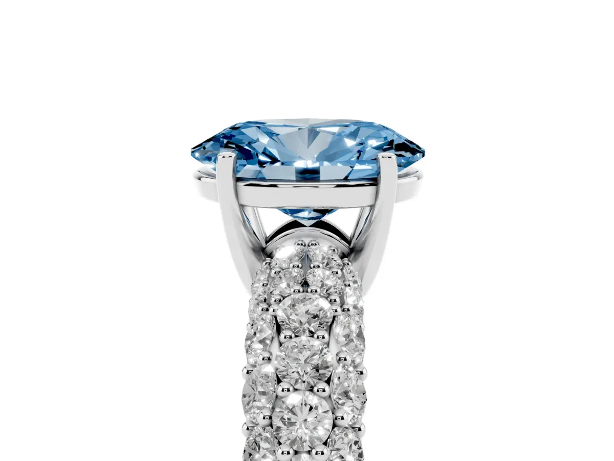 Fancy Blue Oval Cut Diamond Pavé Band Solitaire Ring with Four-Prong Setting Silver