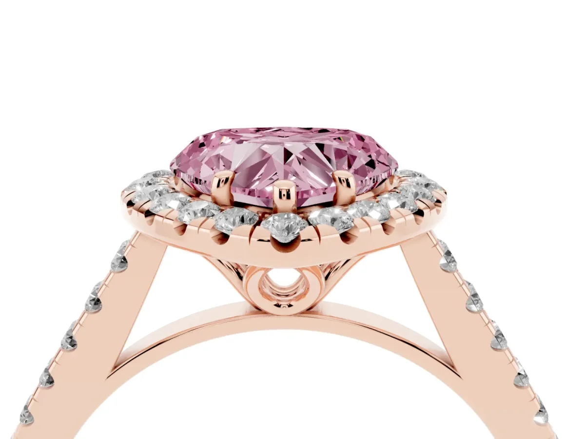 Fancy Pink Heart Cut Halo Pavé Diamond Engagement Ring with Four-Prong Setting Rose gold