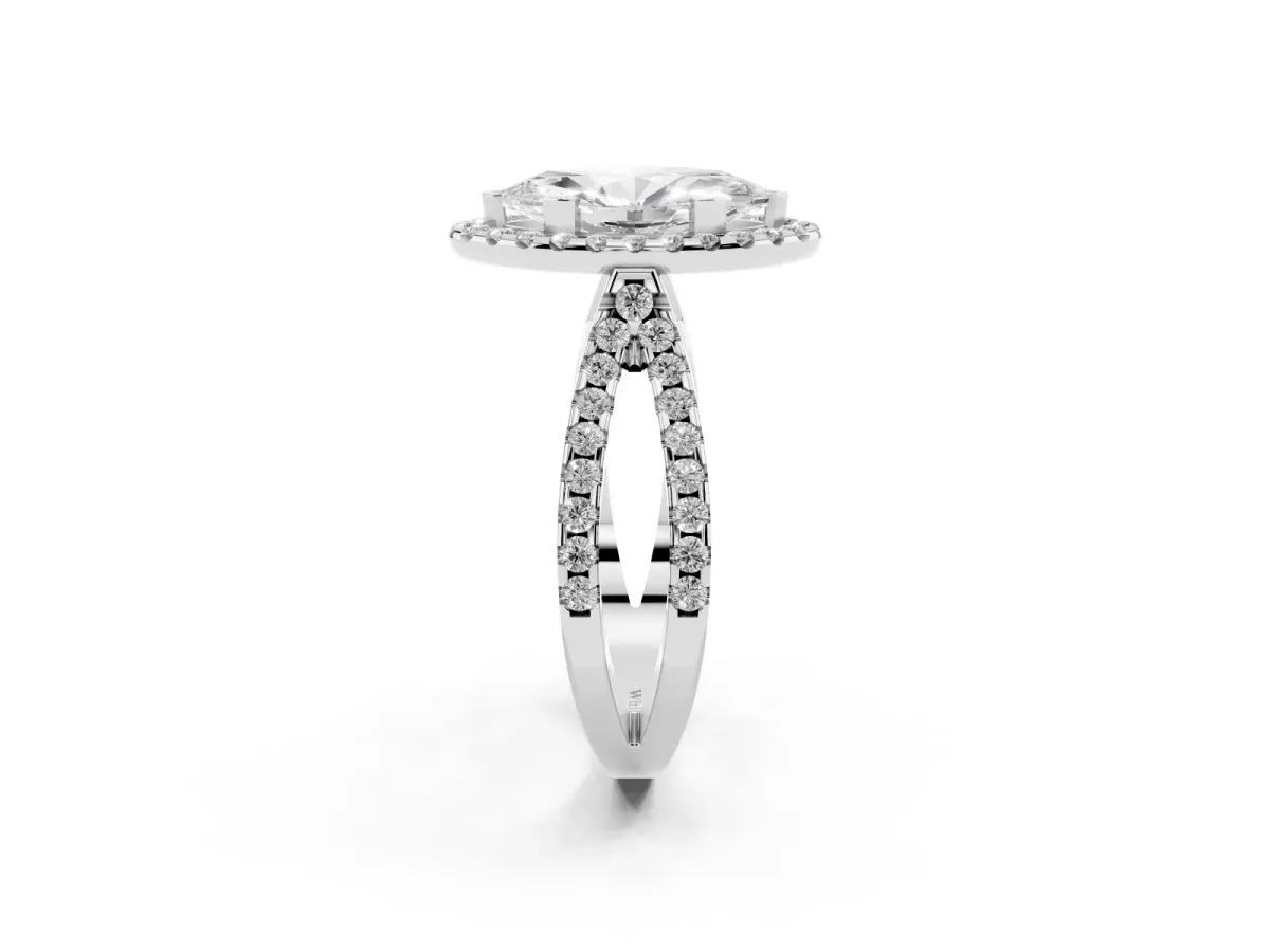 Marquise Cut Diamond Halo Ring with Split Shank Pavé Band and Prong Setting Silver