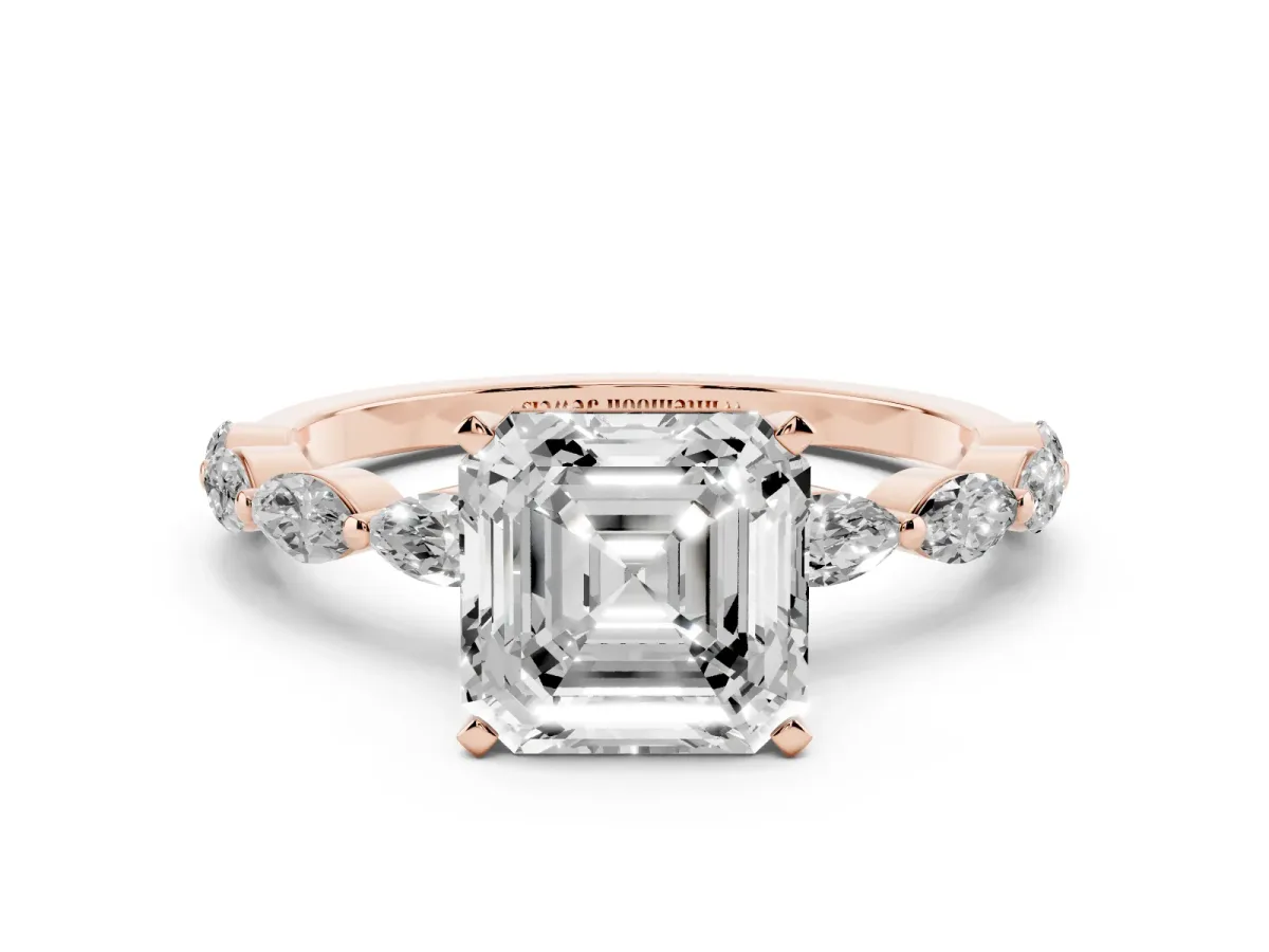 Asscher Cut Diamond Ring with Marquise Side Stones and Prong Setting Rose gold