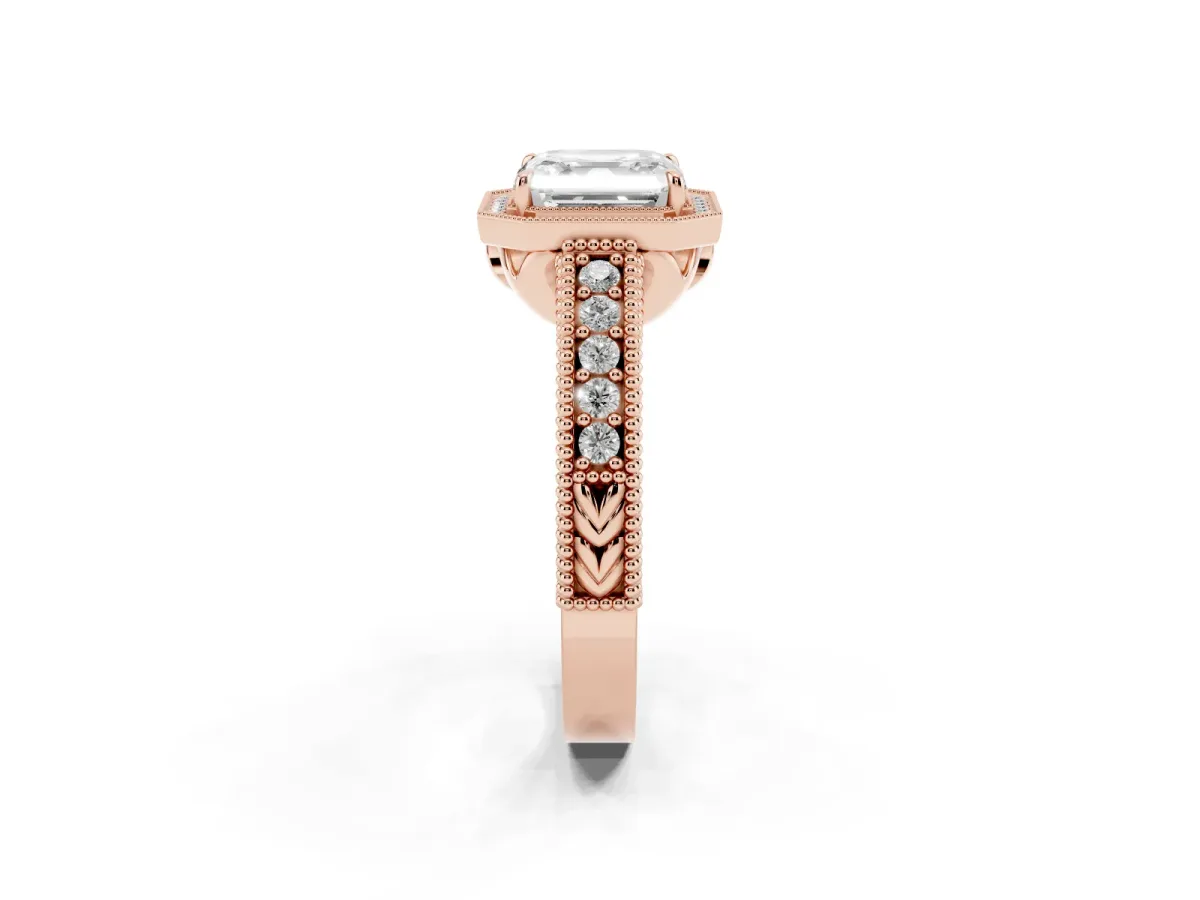 Asscher Cut Cut Halo Diamond Ring with Pavé Band and Four-Prong Setting Rose gold