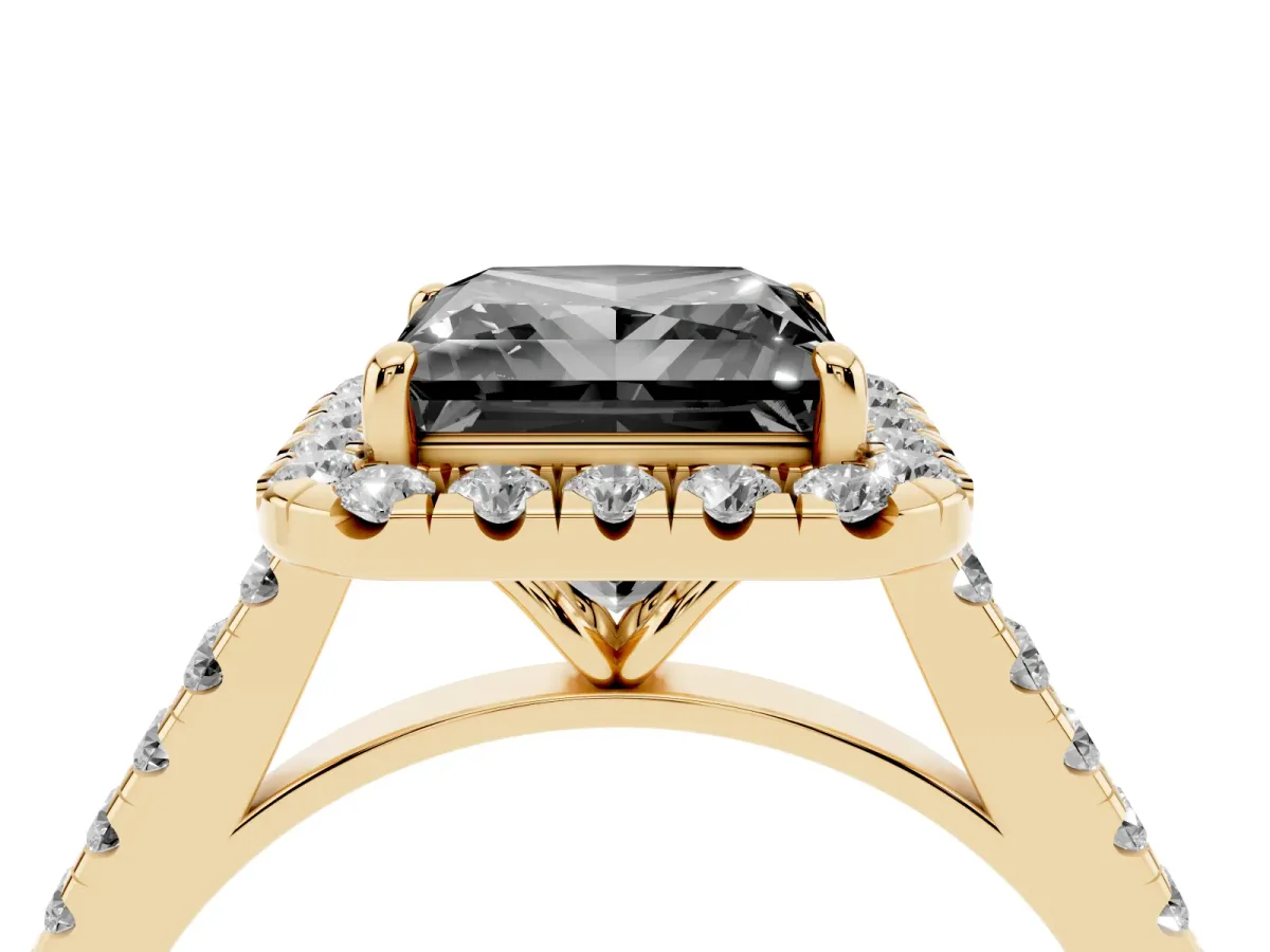 Fancy Black Princess Cut Halo Pave Diamond Engagement Ring with Four-Prong Setting Yellow gold