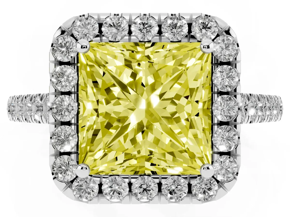 Fancy Yellow Princess Cut Halo Pavé Diamond Engagement Ring with Four-Prong Setting Silver