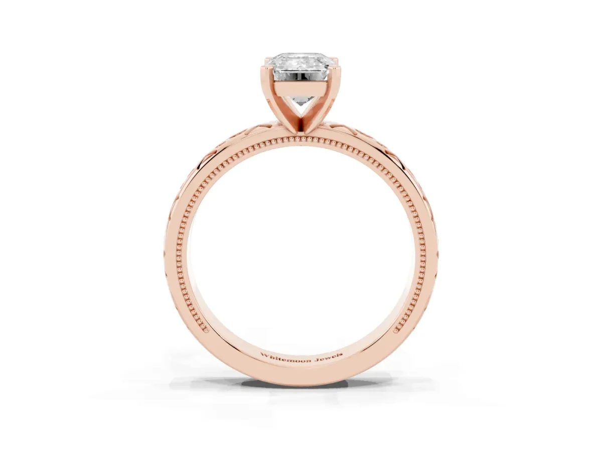 Emerald Cut Solitaire Engagement Ring with Scrollwork Band and Four-Prong Setting Rose gold