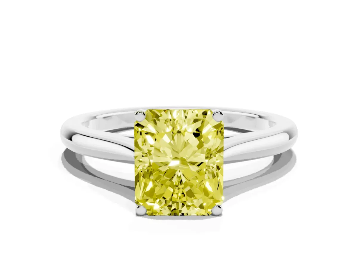 Fancy Yellow Radiant Cut Cut Solitaire Ring with Cathedral Band and Four-Prong Setting Silver