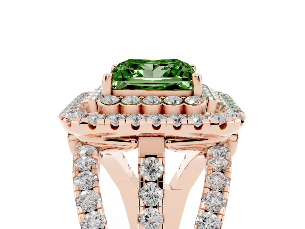Fancy Green Princess Cut Diamond Double Halo Ring with Round Pavé Split Shank and Prong Setting Rose gold