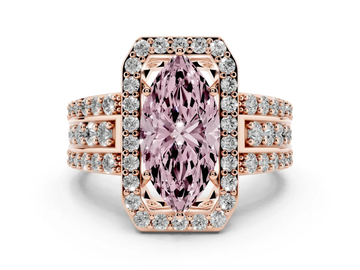 Fancy Pink Marquise Cut Halo Diamond Ring with Round Split Shank and Prong Setting Rose gold