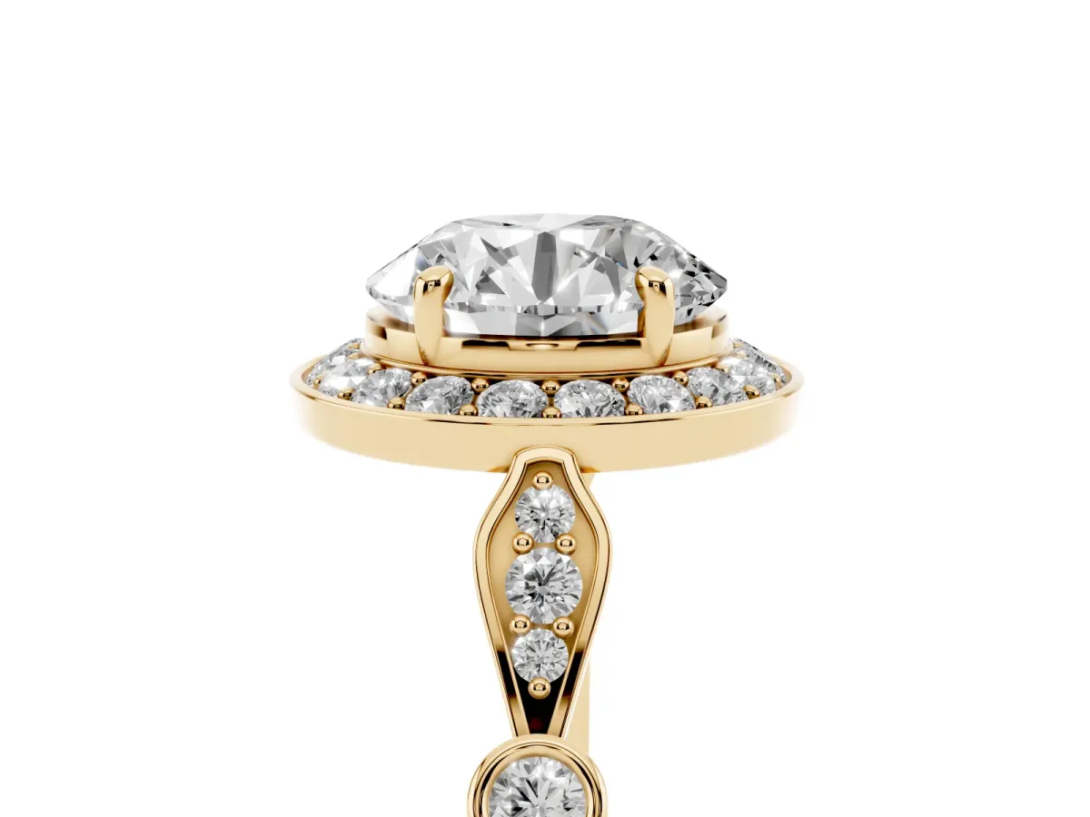Round Cut Halo Diamond Engagement Ring with Twisted Band and Four-Prong Setting Yellow gold
