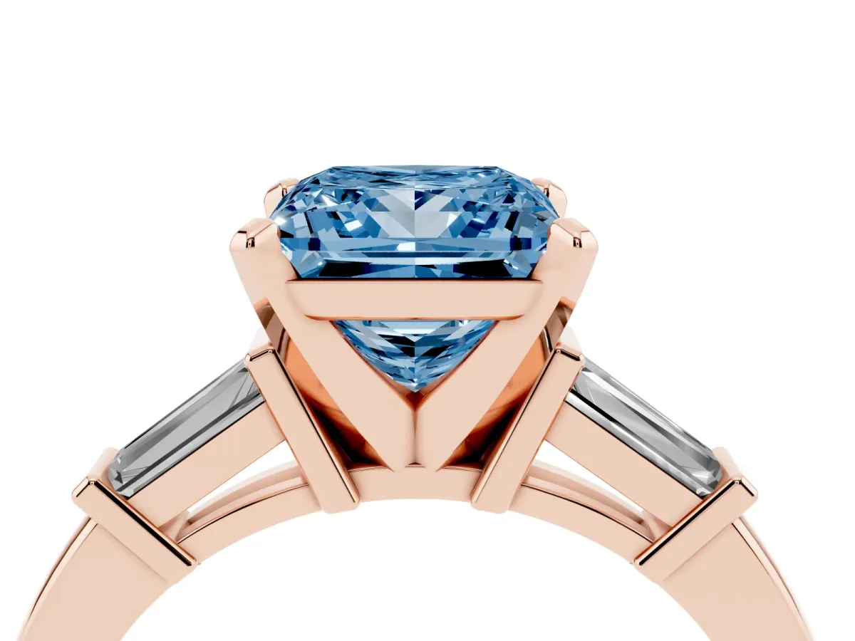 Fancy Blue Princess Cut Cut Diamond Solitaire Ring with Tapered Baguette Accents and Four-Prong Setting Rose gold