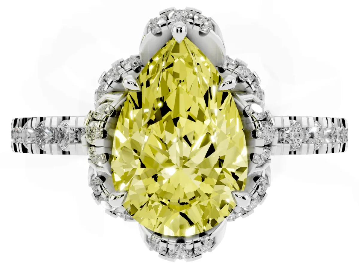 Fancy Yellow Pear Cut Halo Diamond Pave Band Ring with Four-Prong Setting Silver