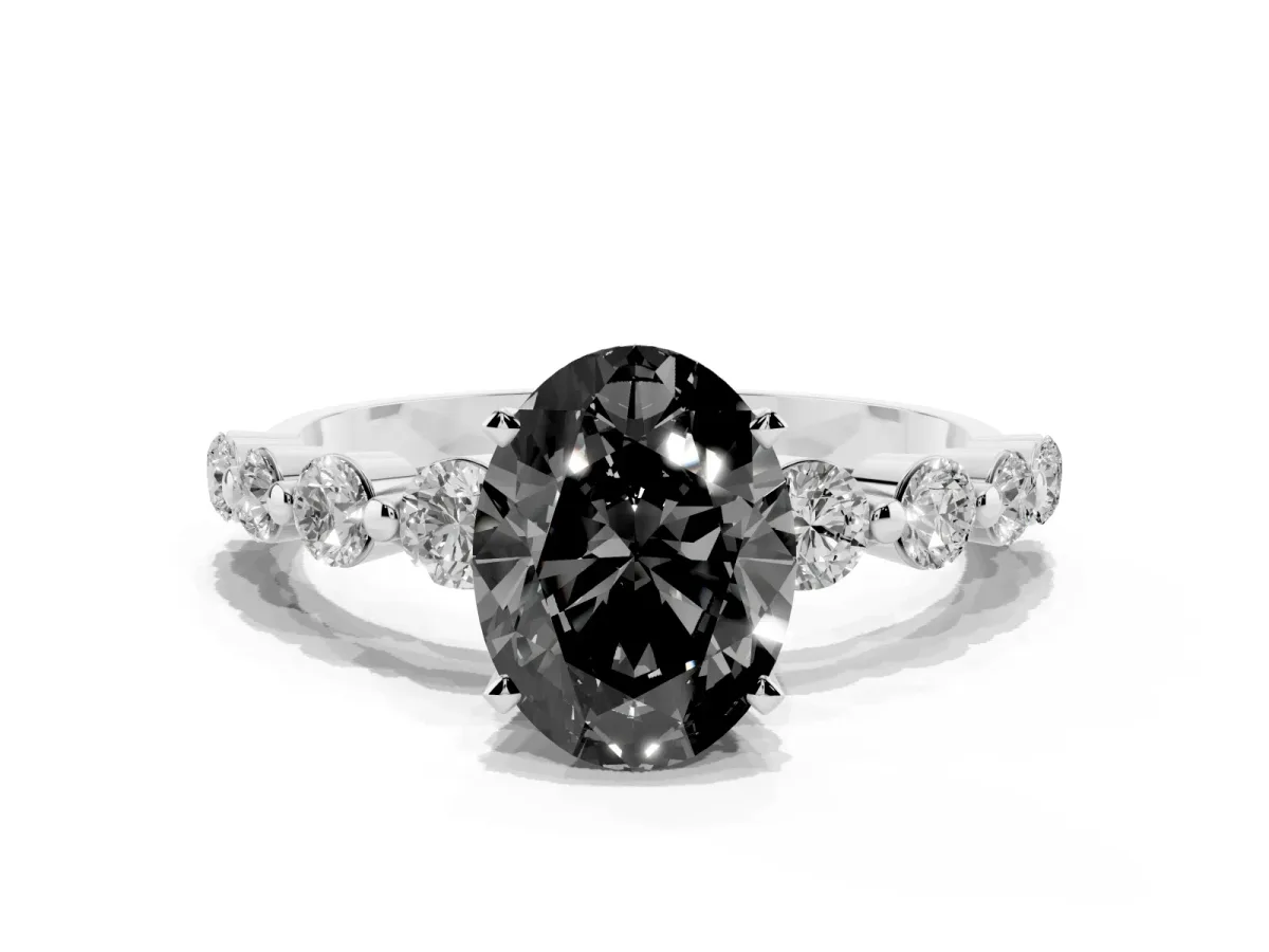 Fancy Black Oval Cut Solitaire Diamond Ring with Pave Band and Four-Prong Setting Silver
