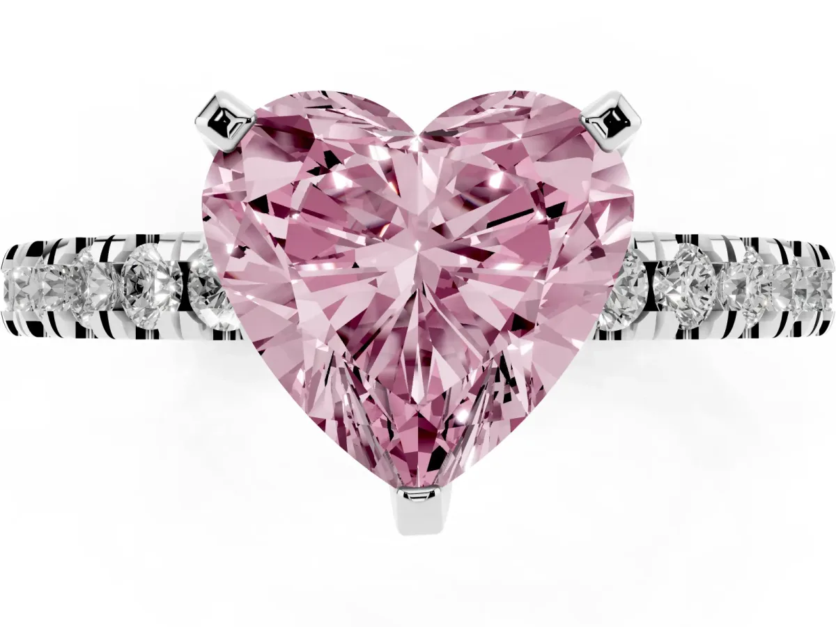 Fancy Pink Heart Cut Solitaire Diamond with Pavé Band and Four-Prong Setting White gold