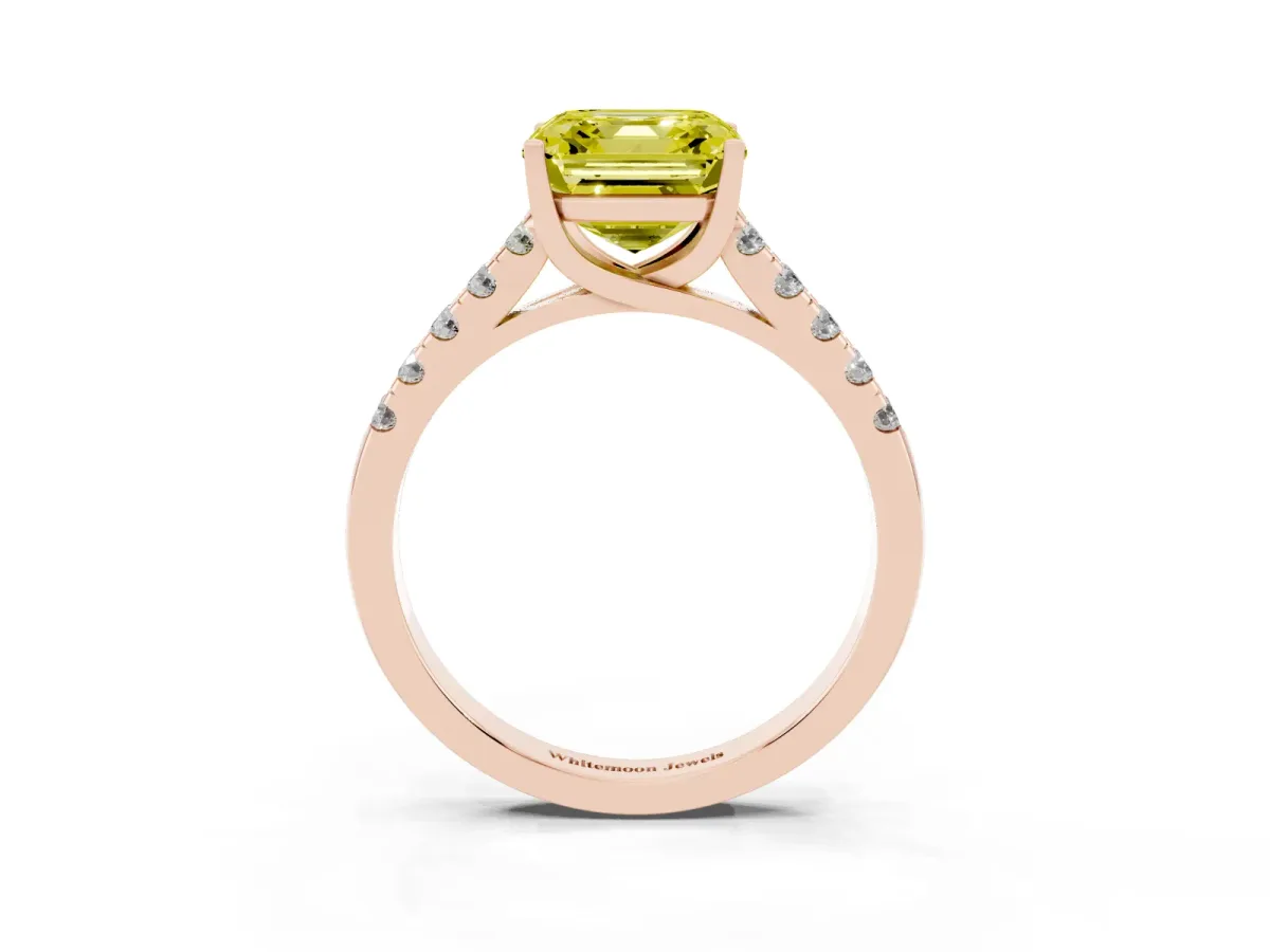 Fancy Yellow Asscher Cut Diamond Pavé Band Solitaire Ring with Prong Setting Rose gold