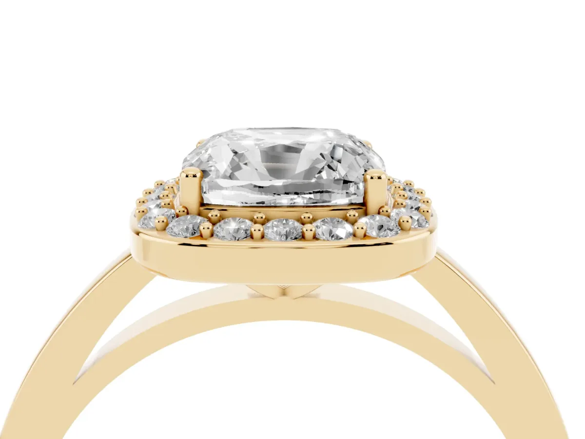 Cushion Cut Halo Diamond Ring with Solitaire Band and Prong Setting Yellow gold