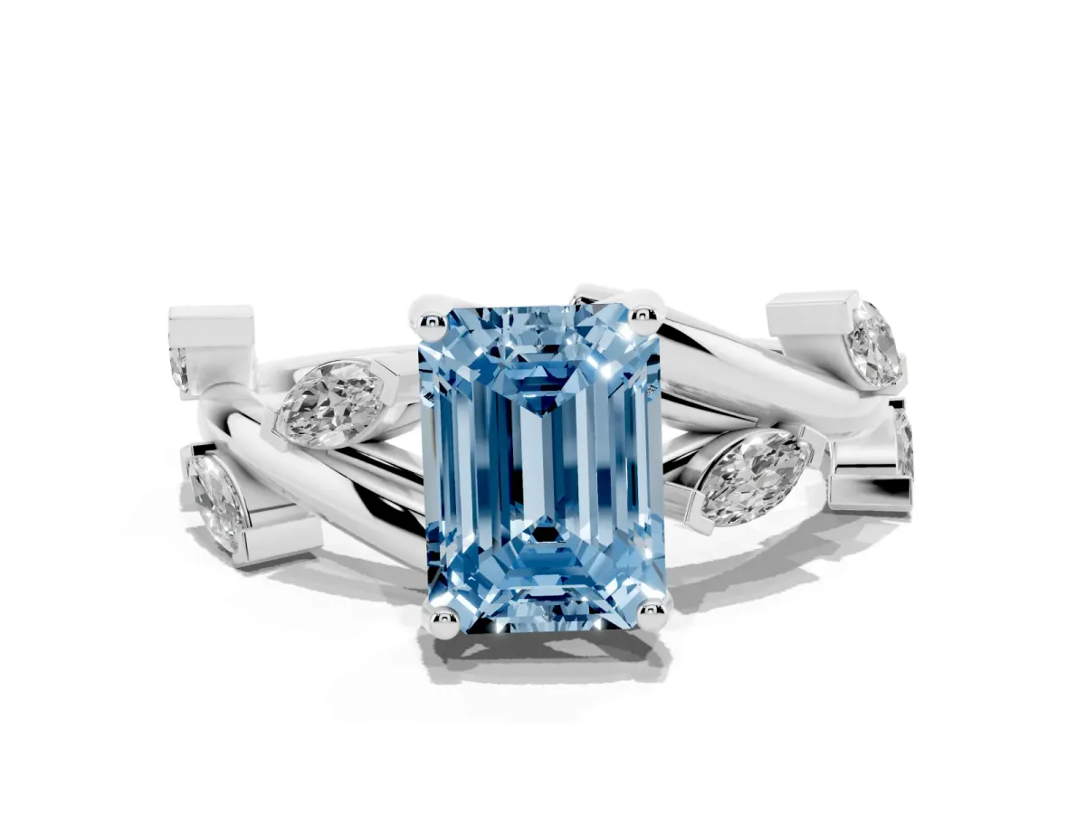 Fancy Blue Emerald Cut Solitaire Twisted Band Marquise Accent Prong Setting Ring Platinum