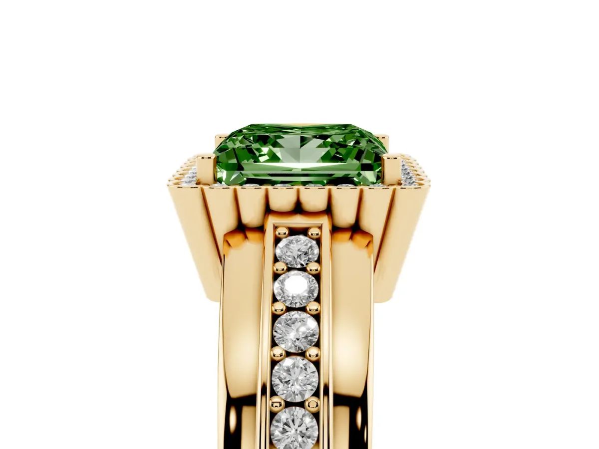 Fancy Green Princess Cut Cut Halo Pave Band Four-Prong Ring Yellow gold