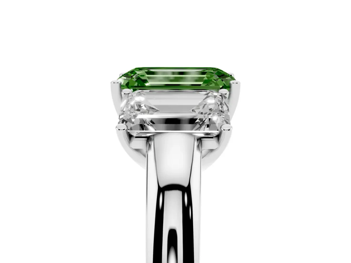 Fancy Green Emerald Cut Diamond Three-Stone Ring with Four-Prong Setting and Classic Band Silver