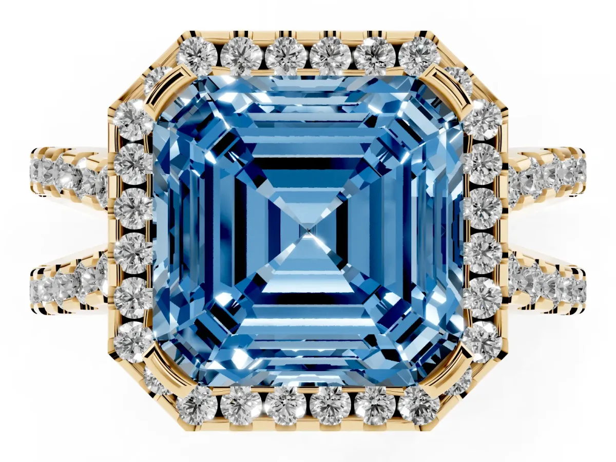 Fancy Blue Asscher Cut Diamond Halo Ring with Split Shank Pavé Band and Prong Setting Yellow gold