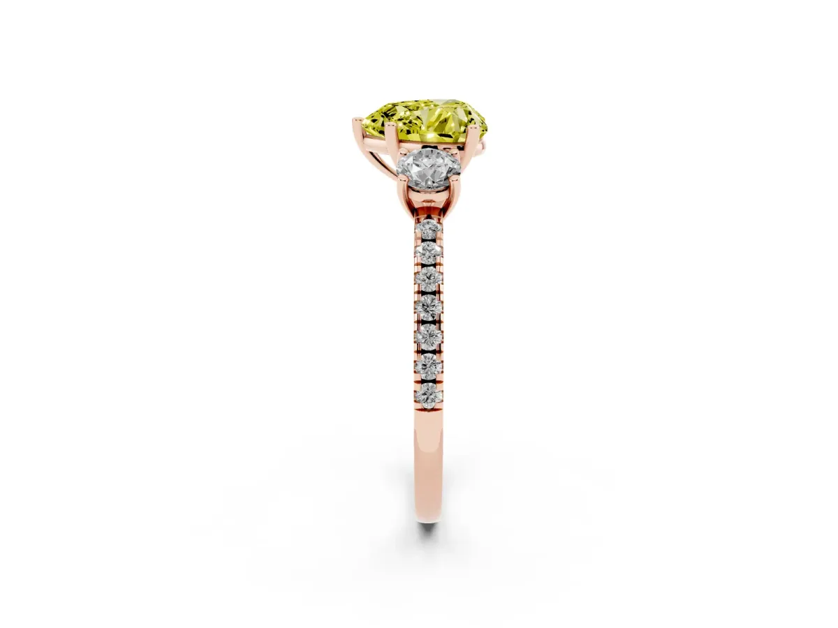 Fancy Yellow Three-Stone Heart Cut Cut Diamond Pavé Band with Prong Setting Rose gold