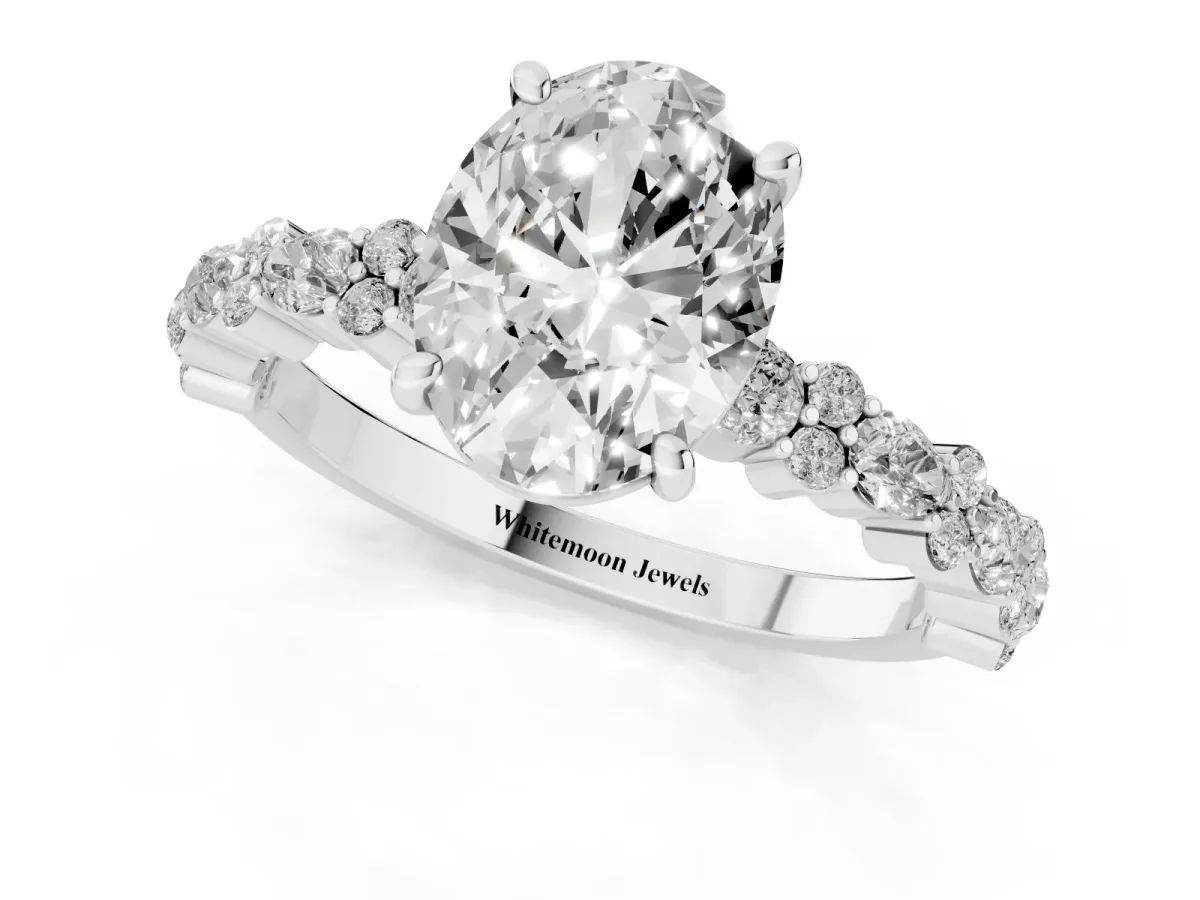Oval Cut Diamond Side Stone Solitaire Ring with Round and Four-Prong Setting Silver