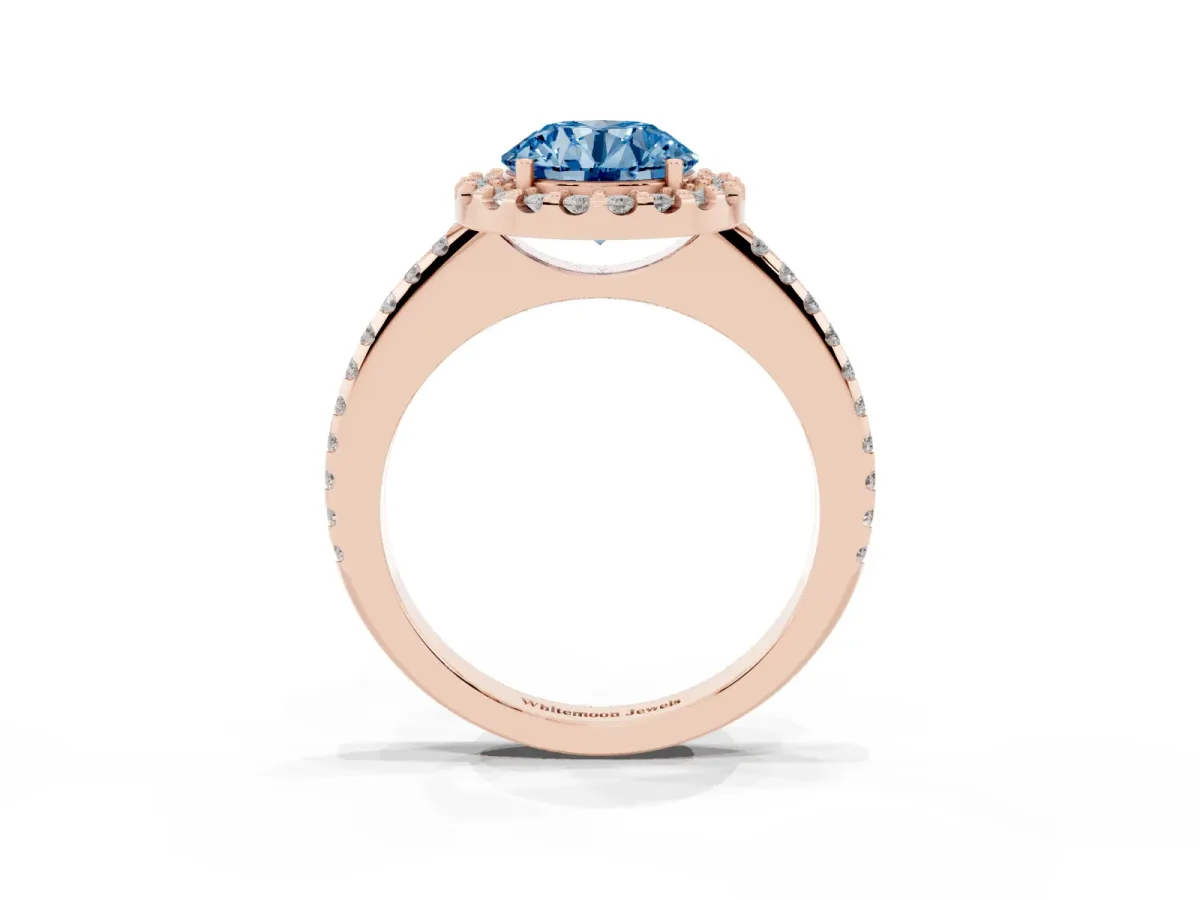 Fancy Blue Round Cut Diamond Pavé Halo Ring with Four-Prong Setting Rose gold